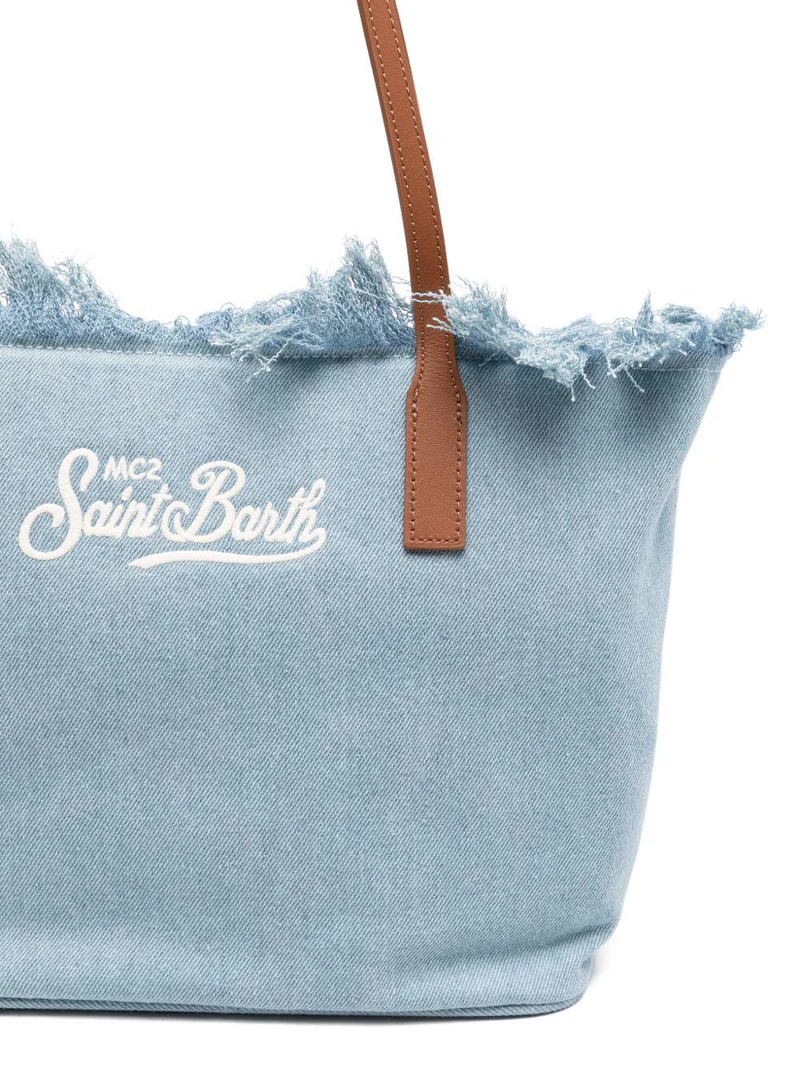 Frayed-Edge Denim-Look Tote Bag with Leather Handles