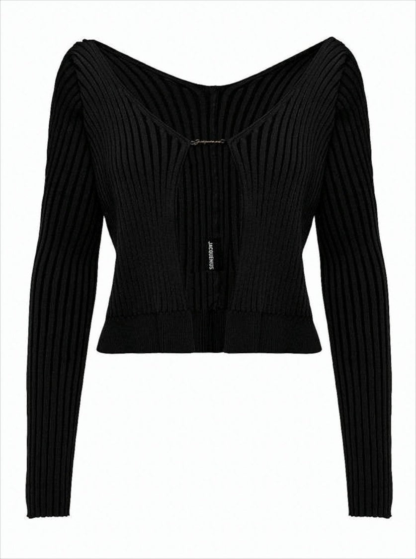 Ribbed Knit Cardigan With Deep V-Neckline And Gold-Tone Clasp