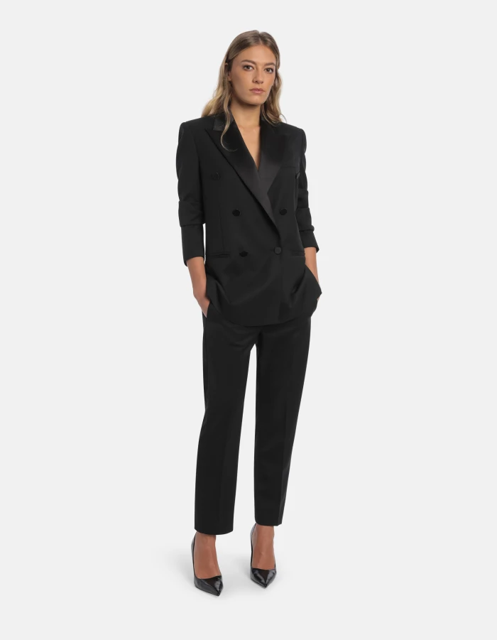 Black Double-Breasted Blazer with Satin Peak Lapel