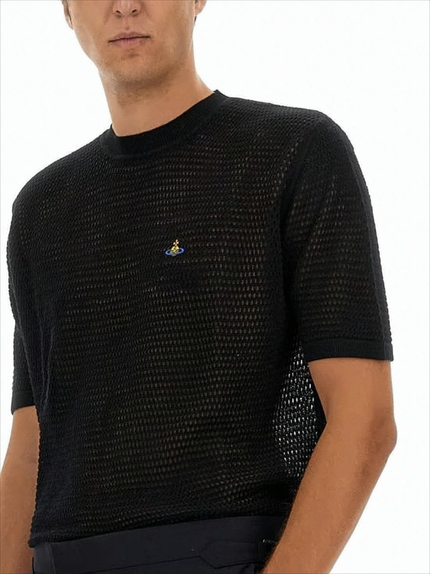Open-Knit Short Sleeve Sweater with Embroidered Logo