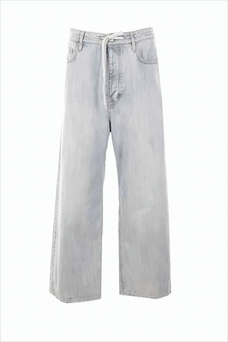 Wide-Leg Cropped Denim Pants with Drawstring Waistband