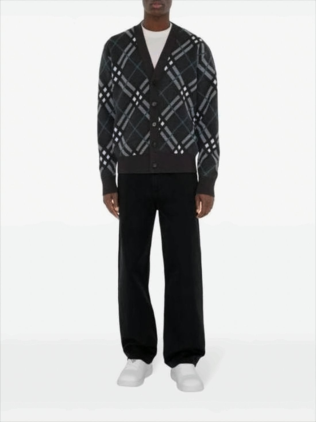 Plaid Wool Blend Cardigan with V-Neck