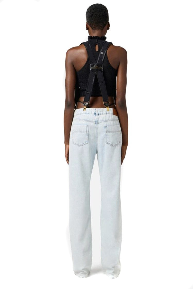 High-Waisted Light Wash Jeans With Suspenders