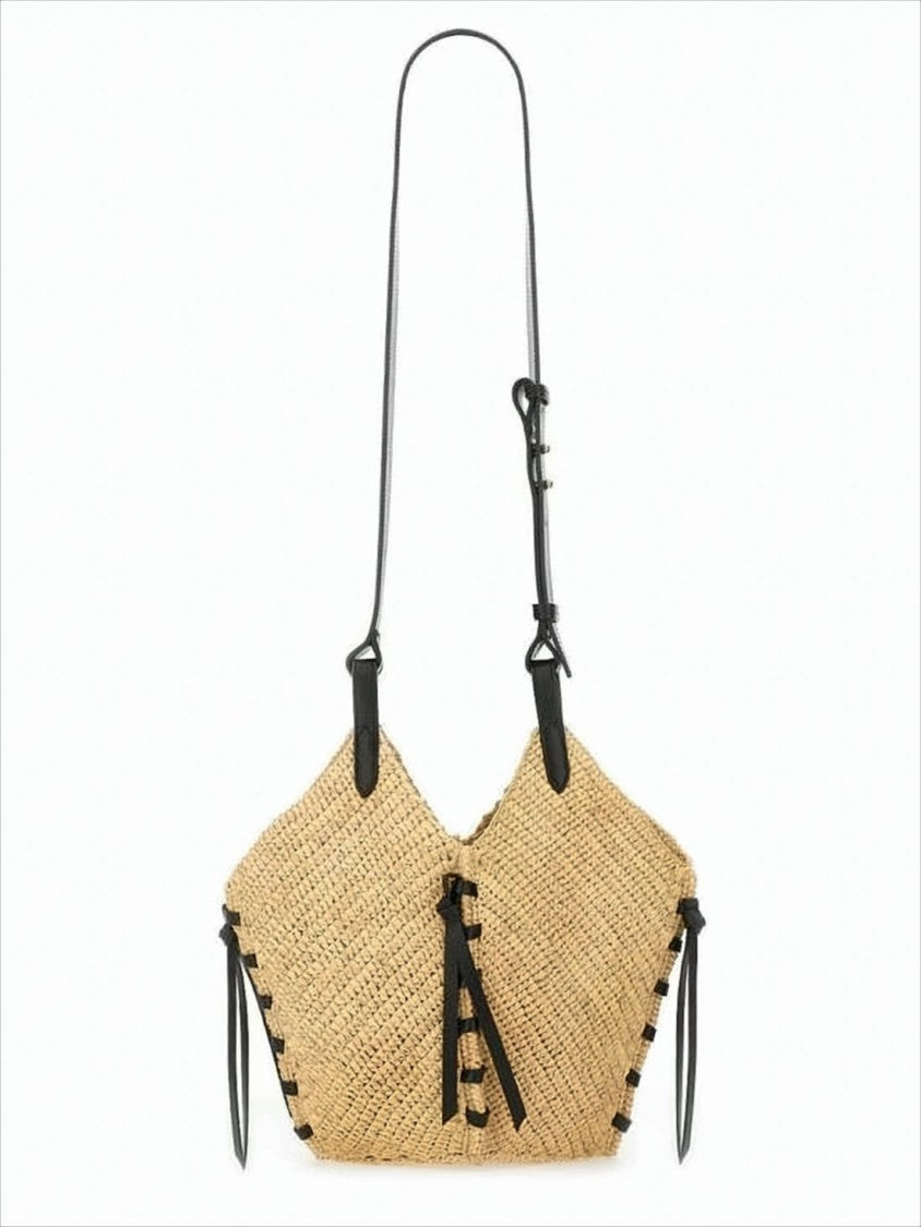 Woven Raffia Shoulder Bag with Black Leather Accents