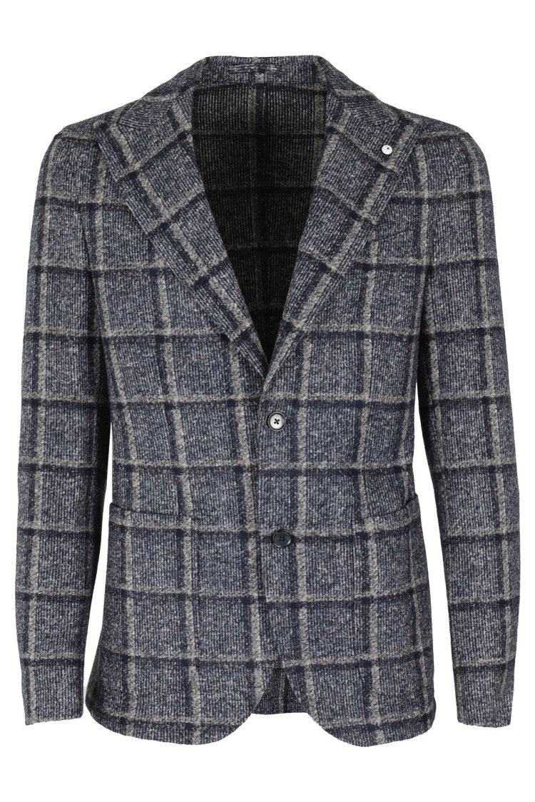 Blue Tartan Patterned Single-Breasted Jacket With Pointed Lapels