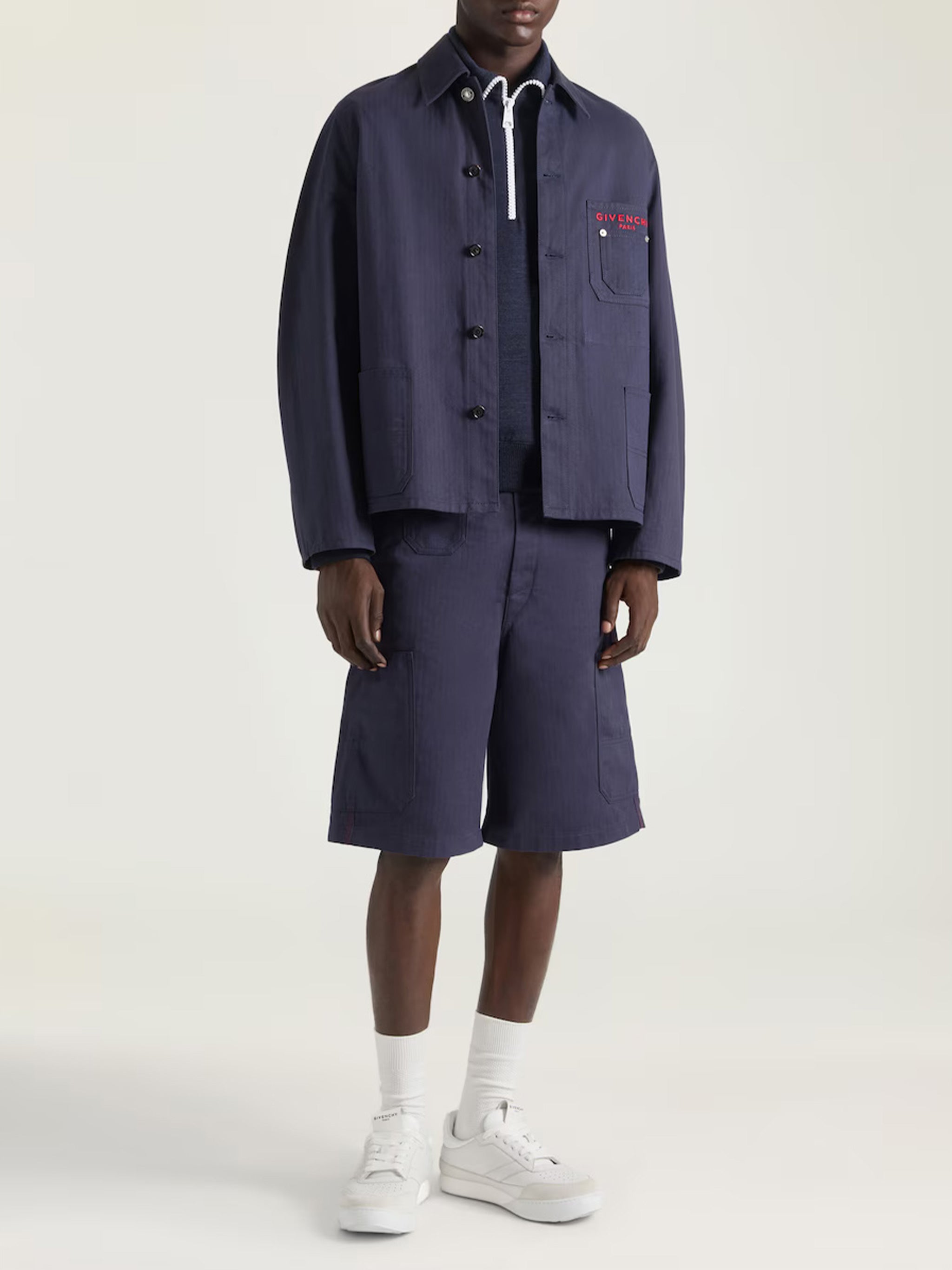 Patch Pockets Boxy Blue Cotton Jacket
