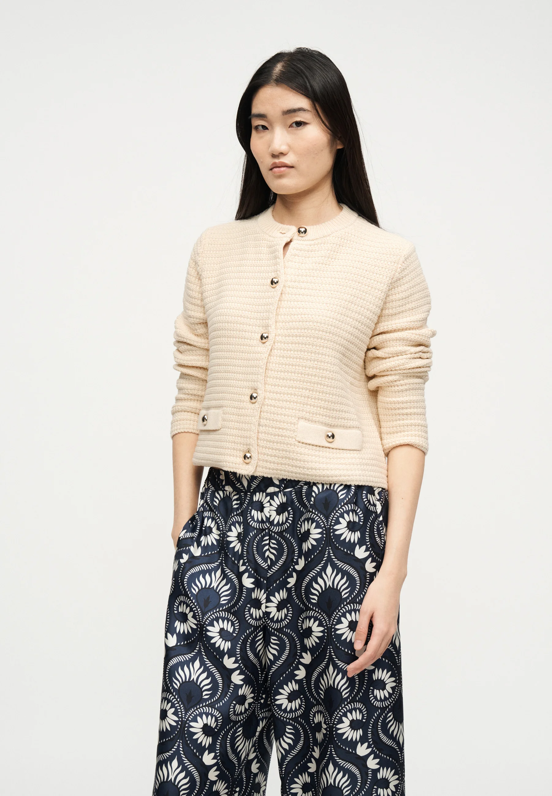 Ecru Cotton Blend Cardigan Sweater