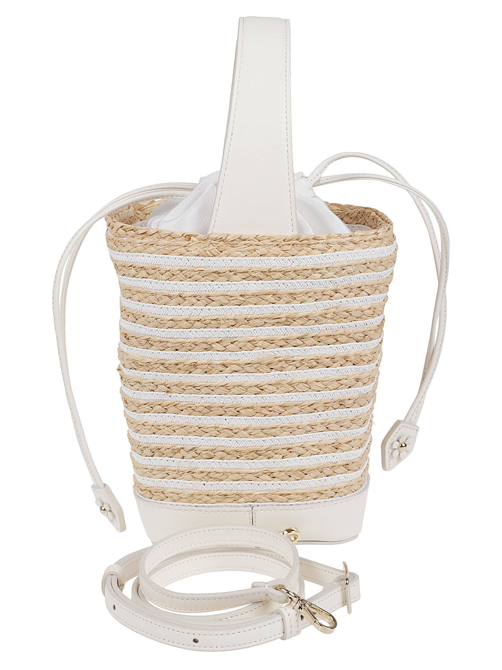 Woven Raffia Bucket Bag with Crystal Buckle Accents