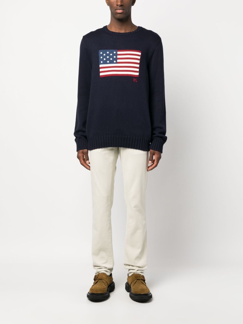 Navy Pullover Flag Motif Cotton Pullover