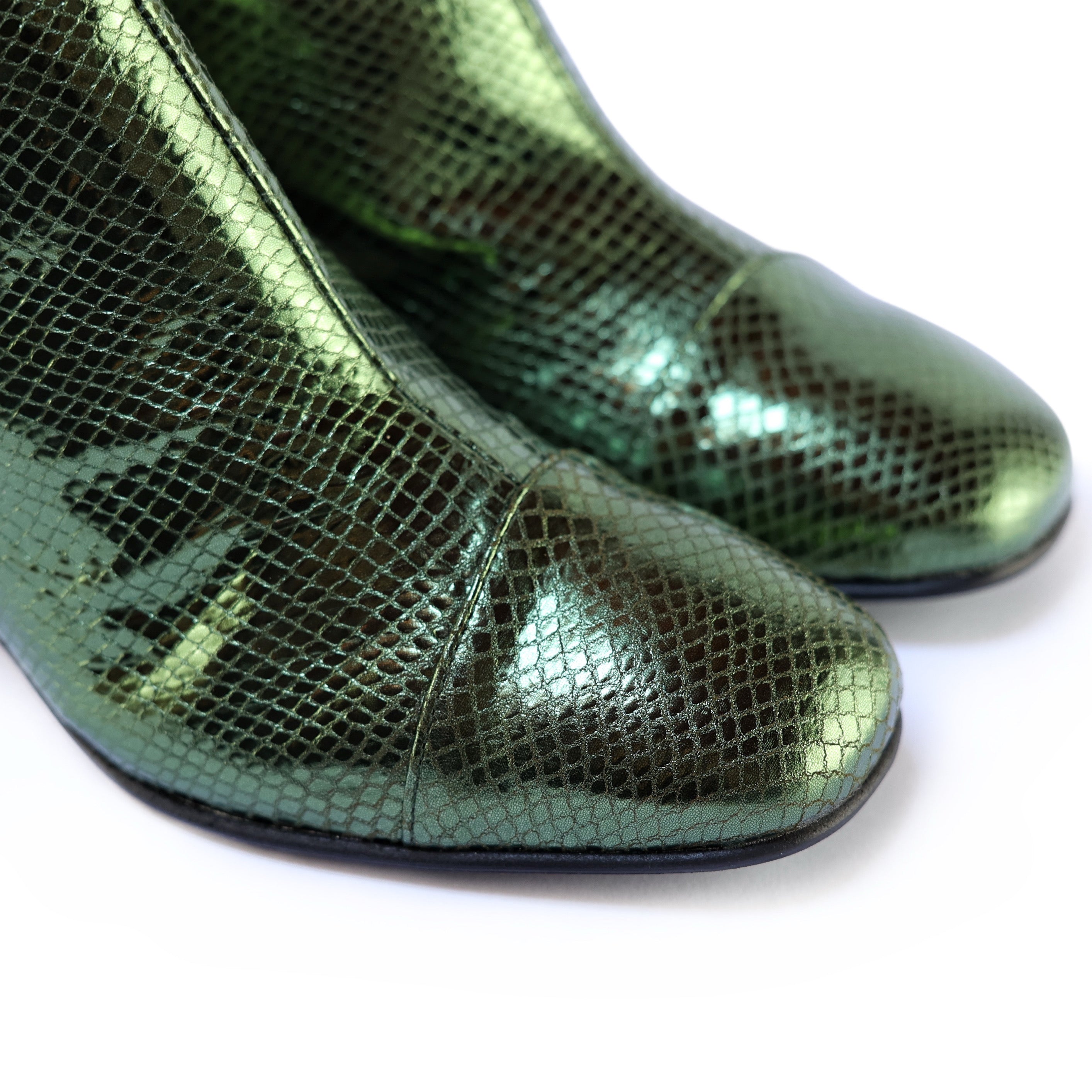 Snake-Effect Military Green Ankle Boots with Square Toe