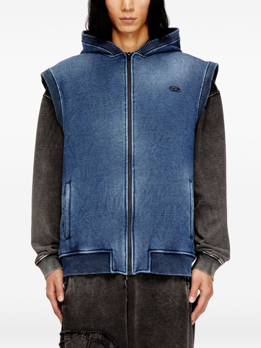 Embroidered Logo Sleeveless Full-Zip Hooded Sweater