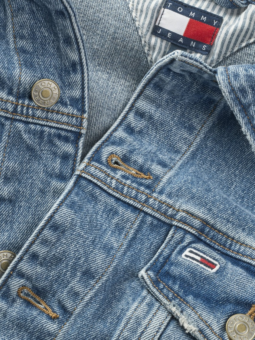 Distressed Denim Trucker Jacket With Chest Pockets