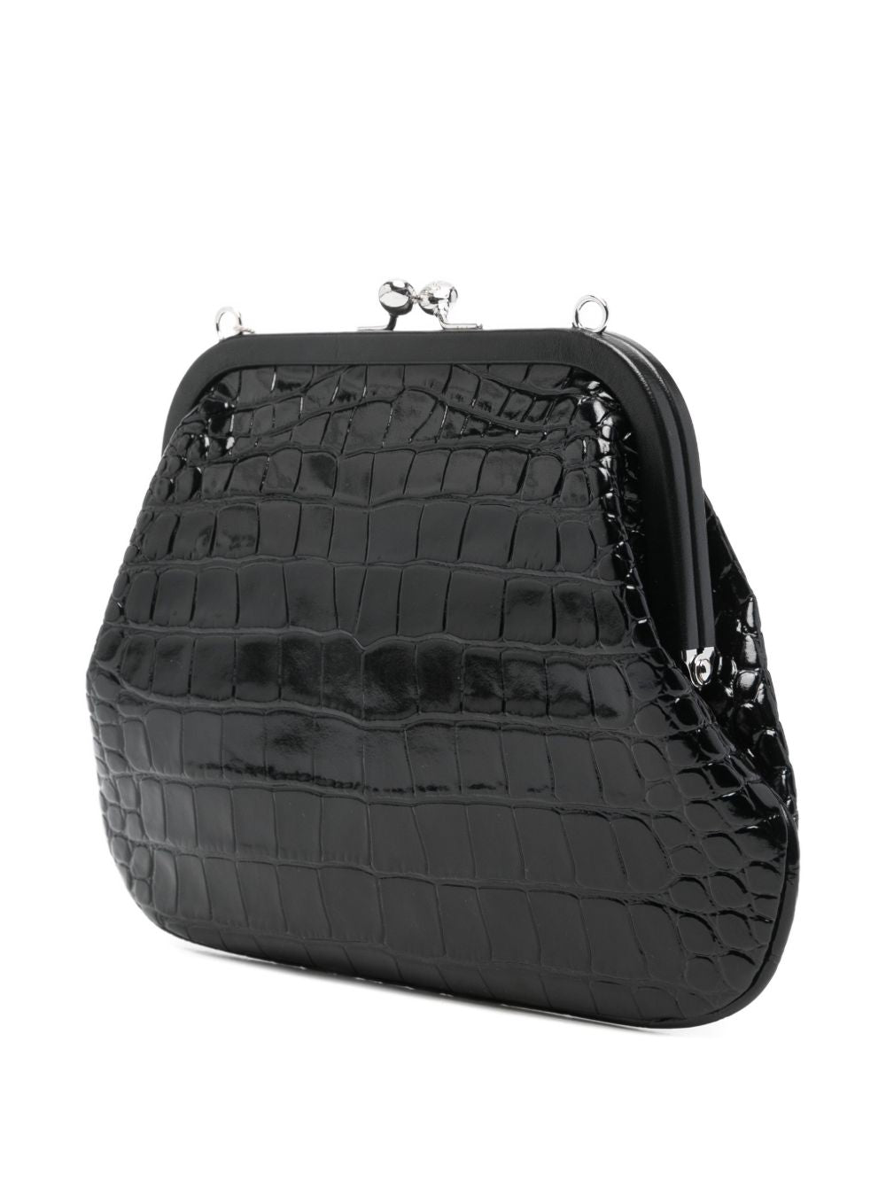 Trapezoidal Black Crocodile-Embossed Handbag With Silver Emblem