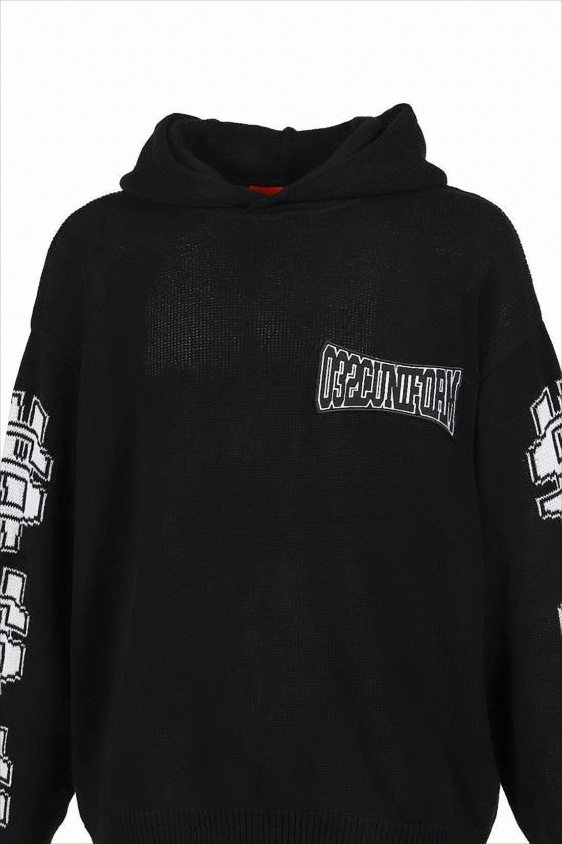 Black Hooded Knit Sweater with Graphic Motifs