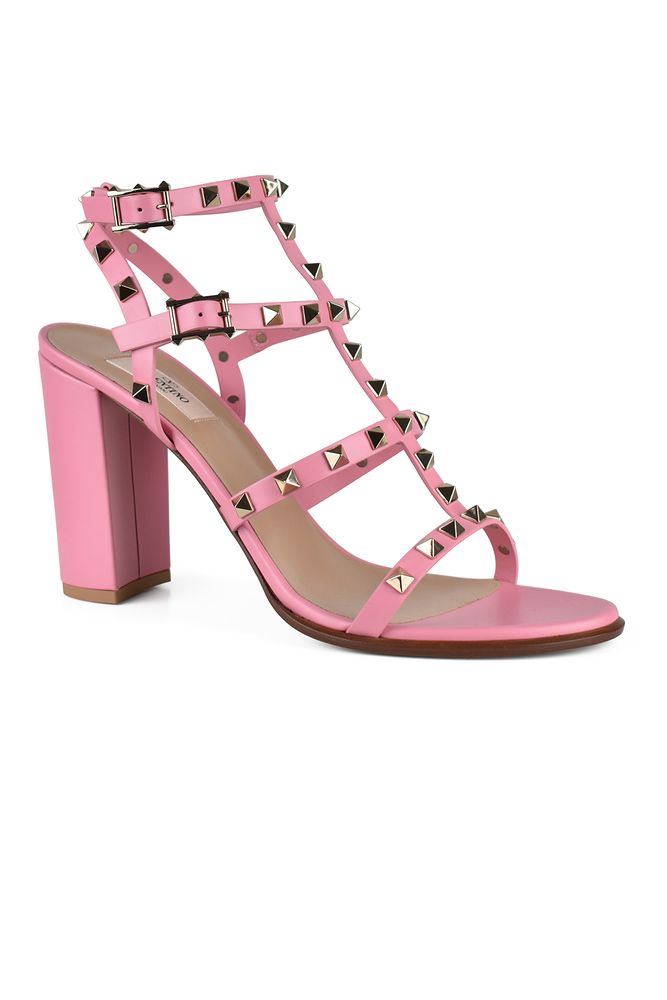 Pink Calf Leather Rockstud Sandals