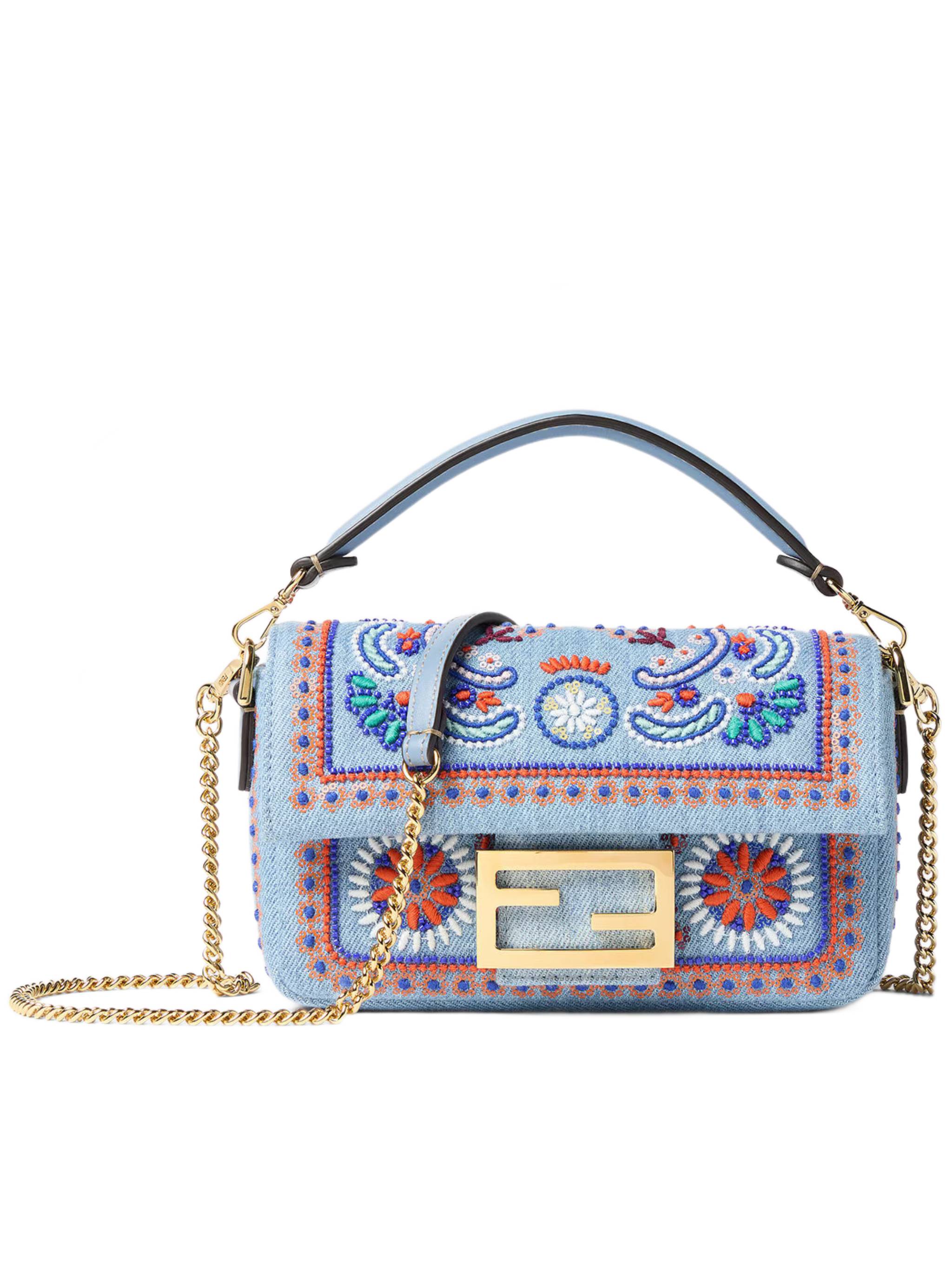 Rectangular Denim Mini Baguette with Floral Embroidery and Gold-tone Clasp