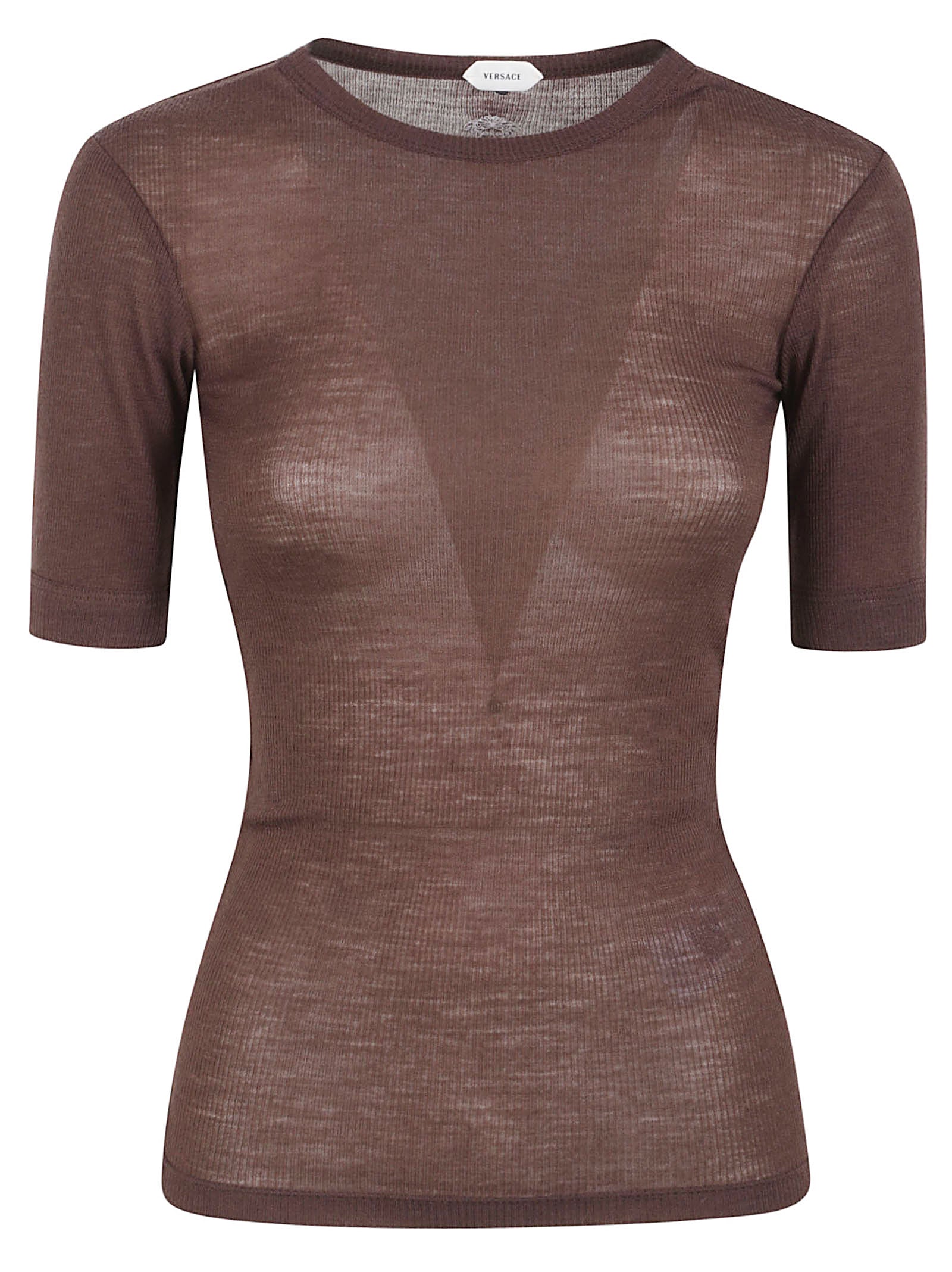 Fitted Semi-Sheer Brown Short-Sleeve Top with Ribbed Texture