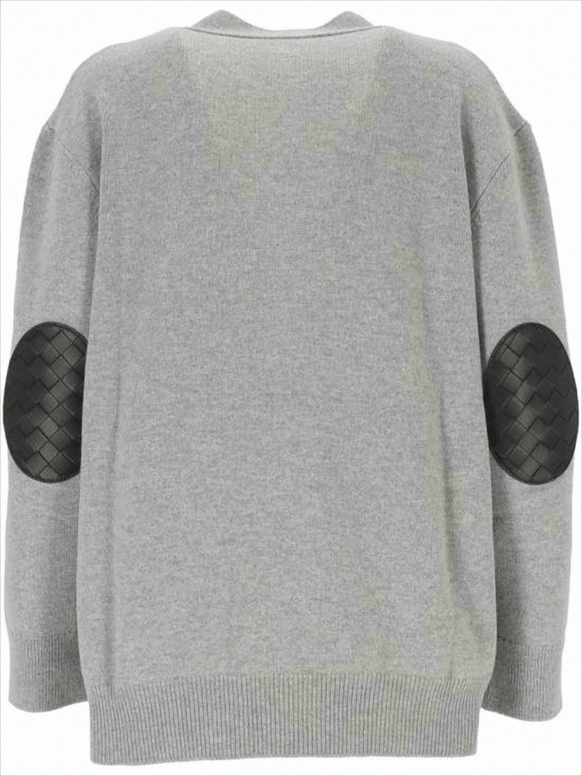 Cashmere Blend Cardigan With Woven Leather Elbow Patches