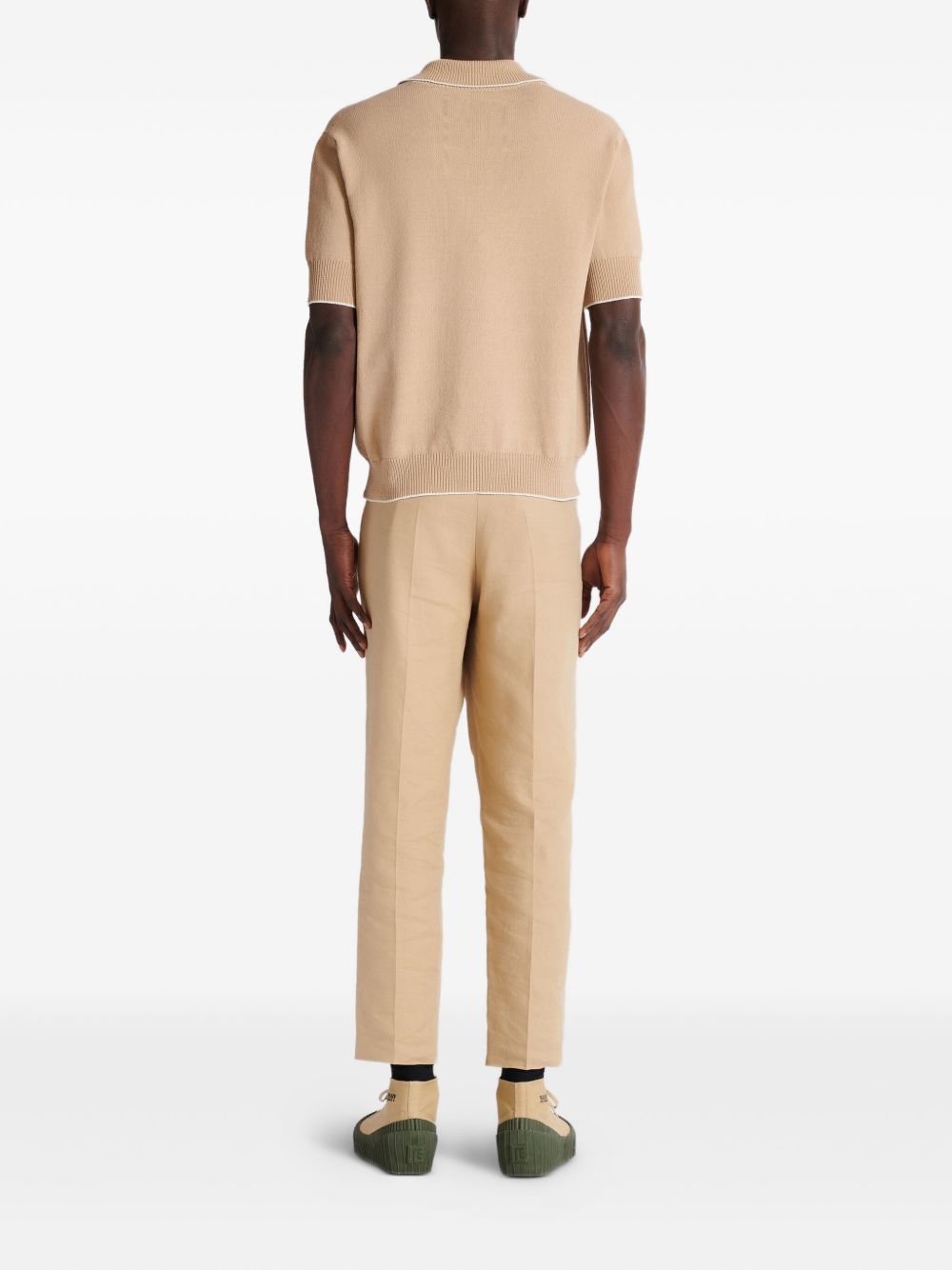 Embroidered Logo V-Neck Beige Knit Polo Shirt