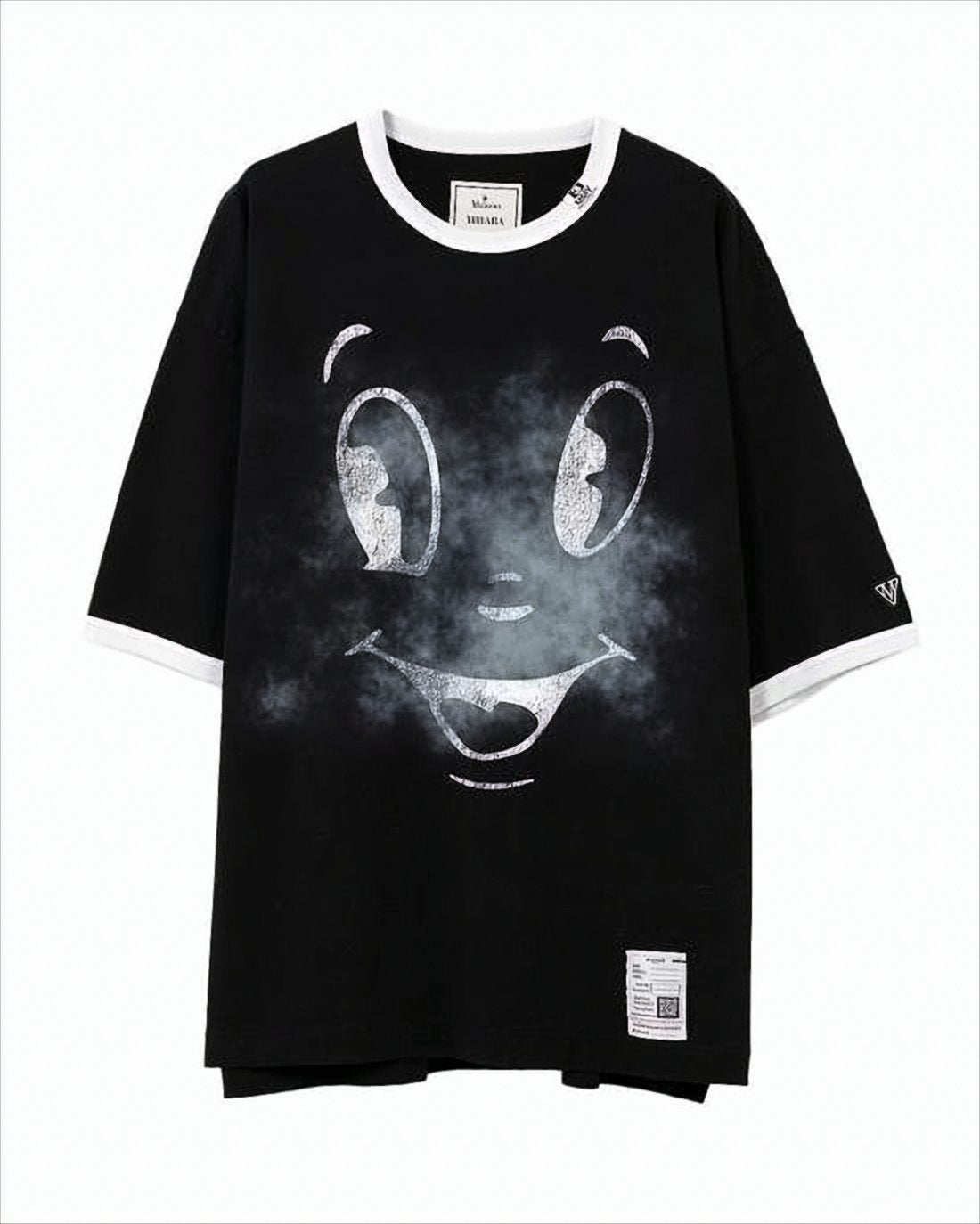 Graphic-Embellished Black T-Shirt with White Trim
