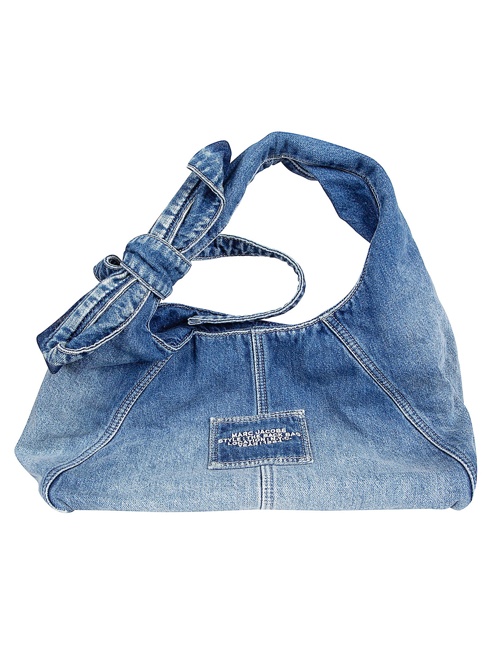 Denim Slouchy Bag with Tubular Handle and Embossed Logo