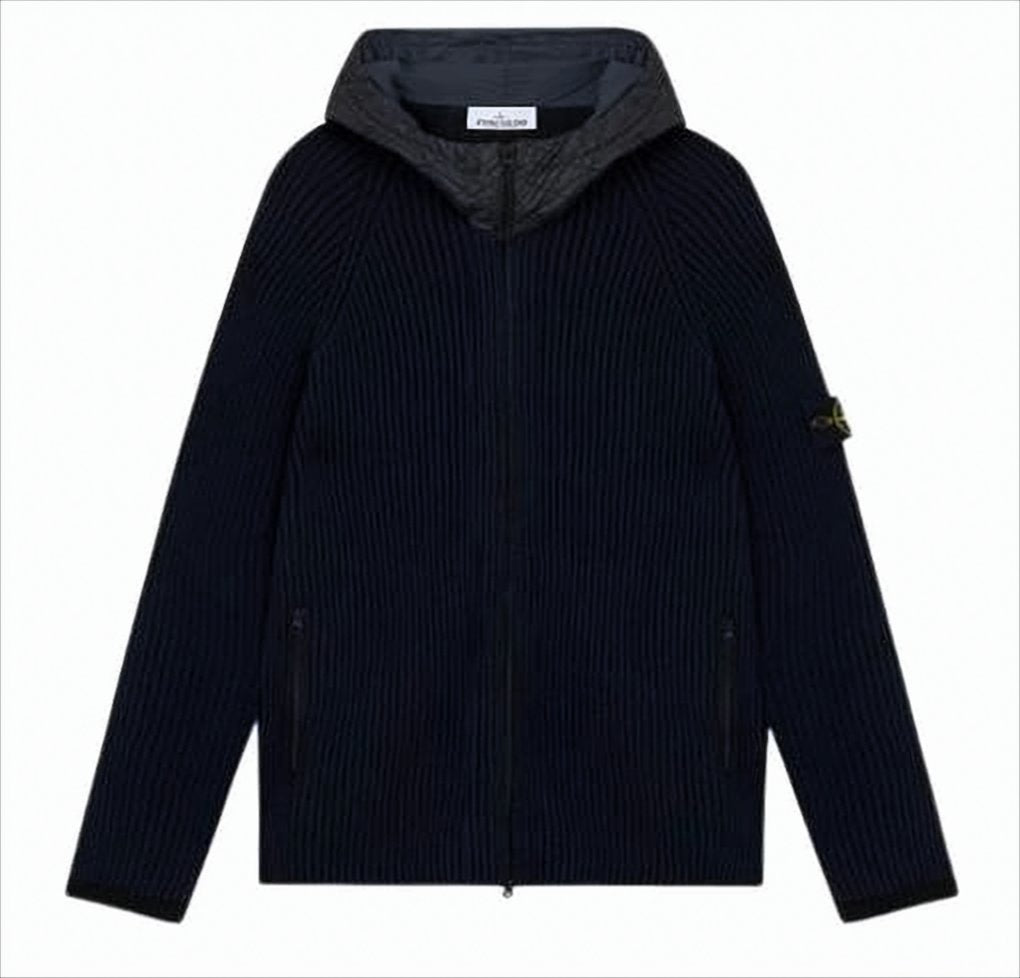 Ribbed Knit Cardigan with Quilted Hood