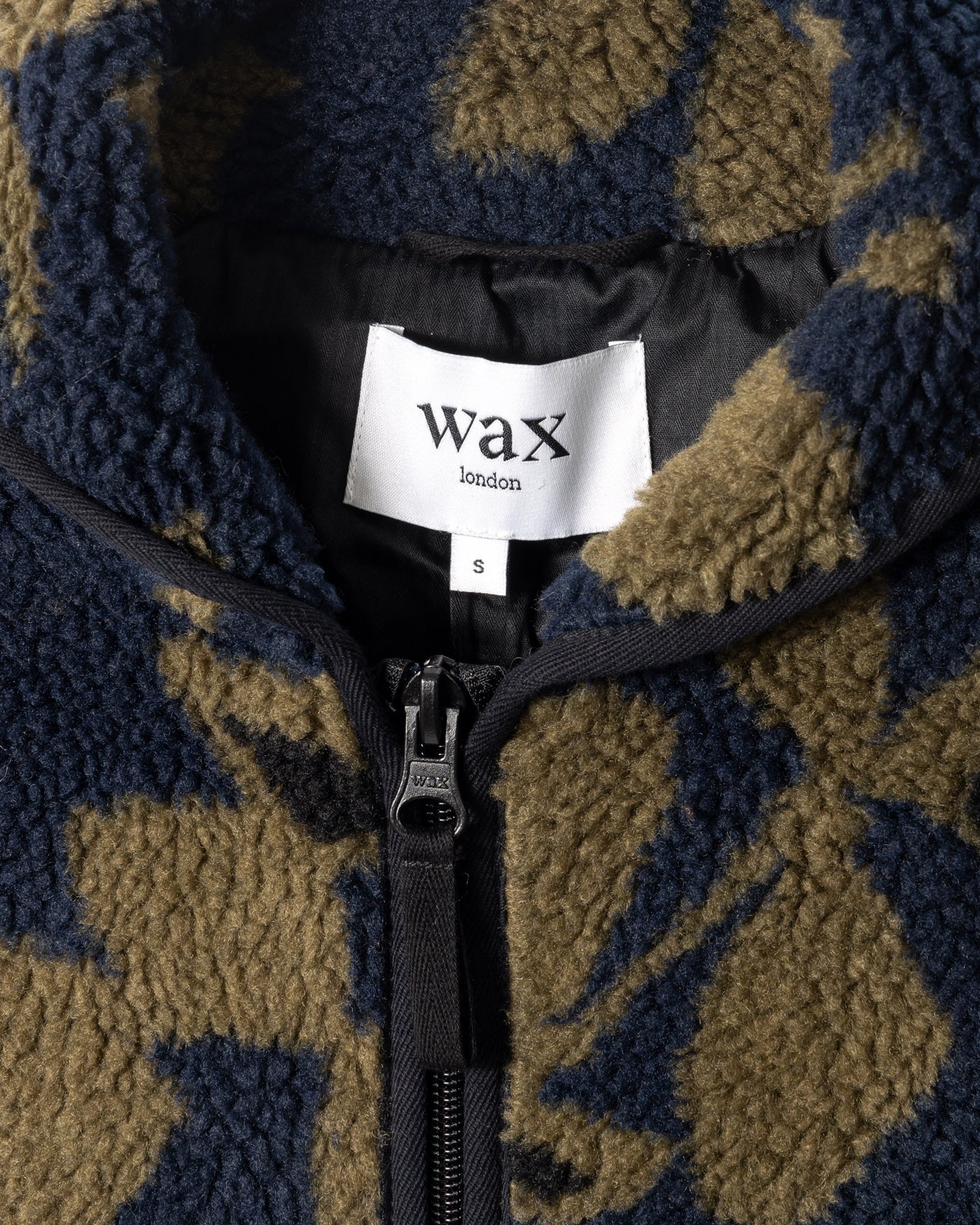 Navy Fleece Jacket with Khaki Abstract Pattern