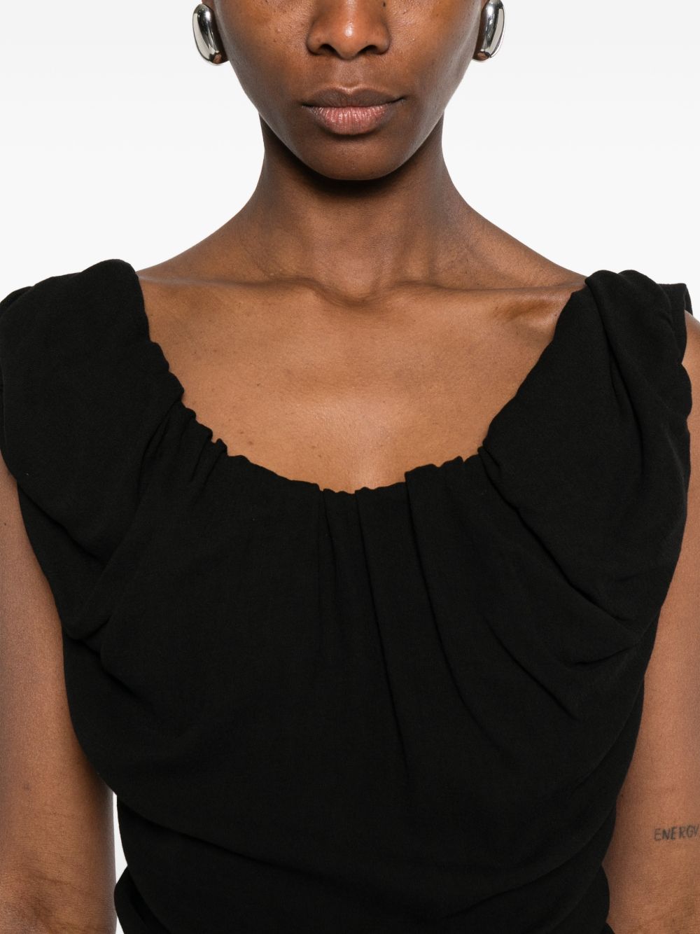 Black Draped Sleeveless Square Neck Dress
