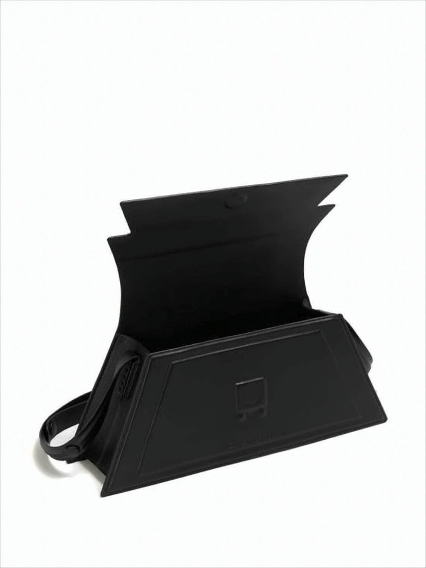 Trapezoidal Black Cowhide Leather Clutch with Detachable Strap