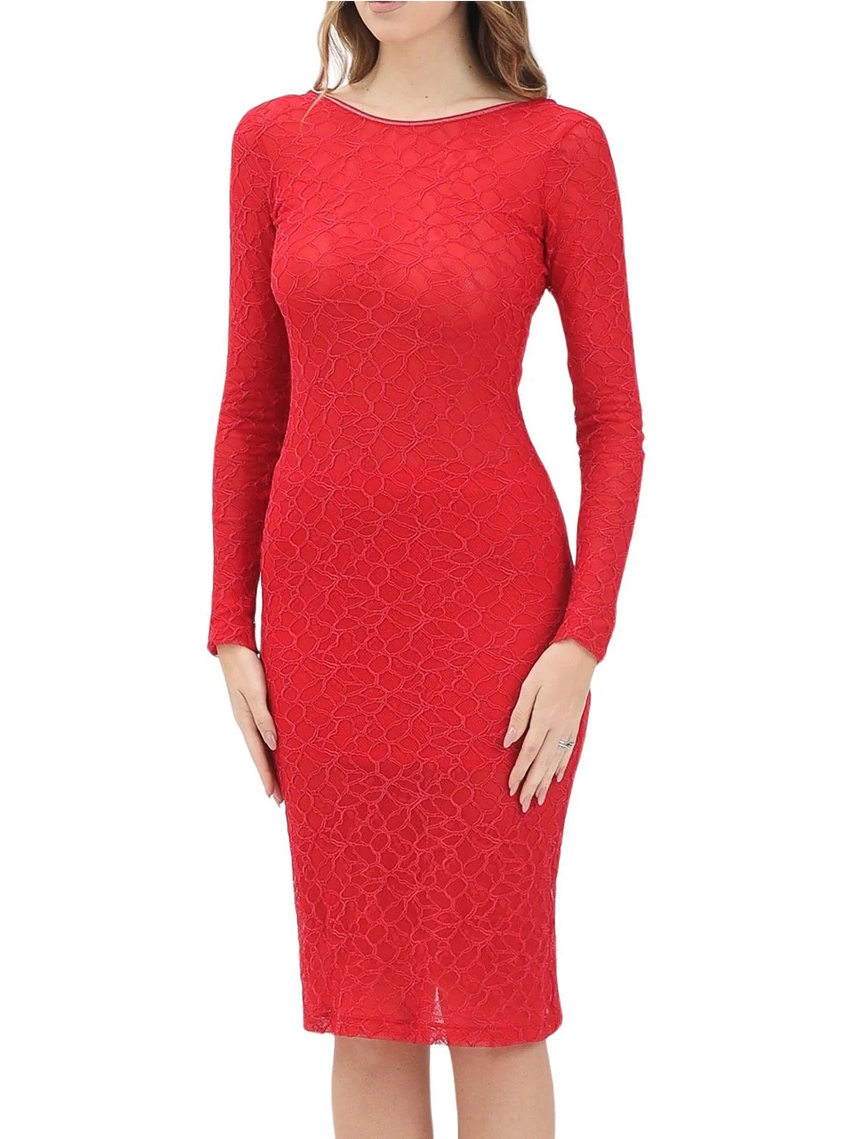 Red Nylon Elastane Lace Silhouette Dress