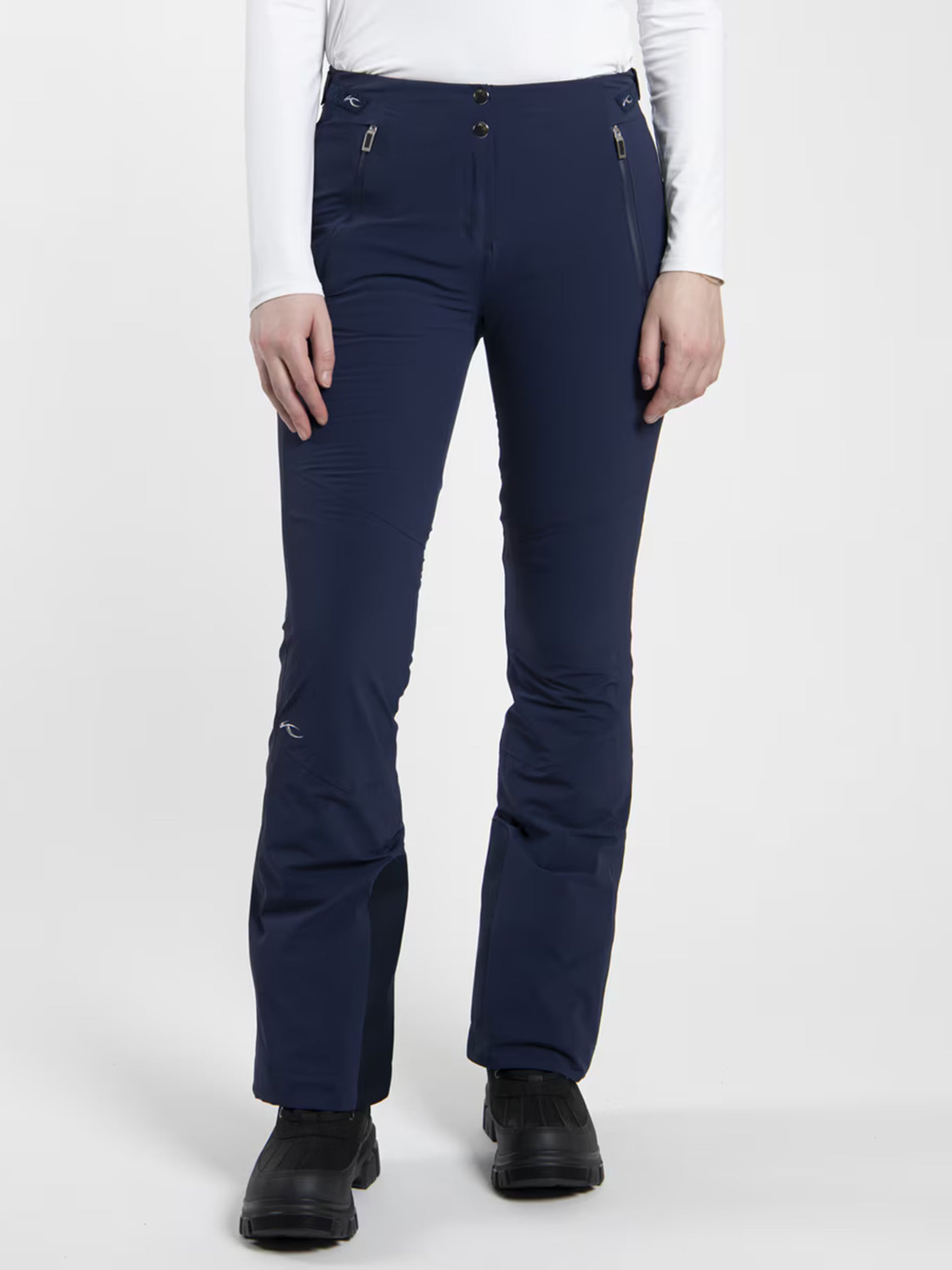 Fitted Blue Pants with Flare Hem and Practical Pockets