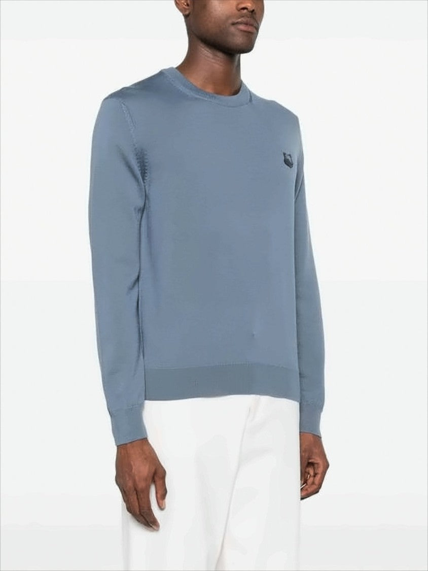 Muted Blue Fine Wool Sweater With Embroidered Fox Emblem