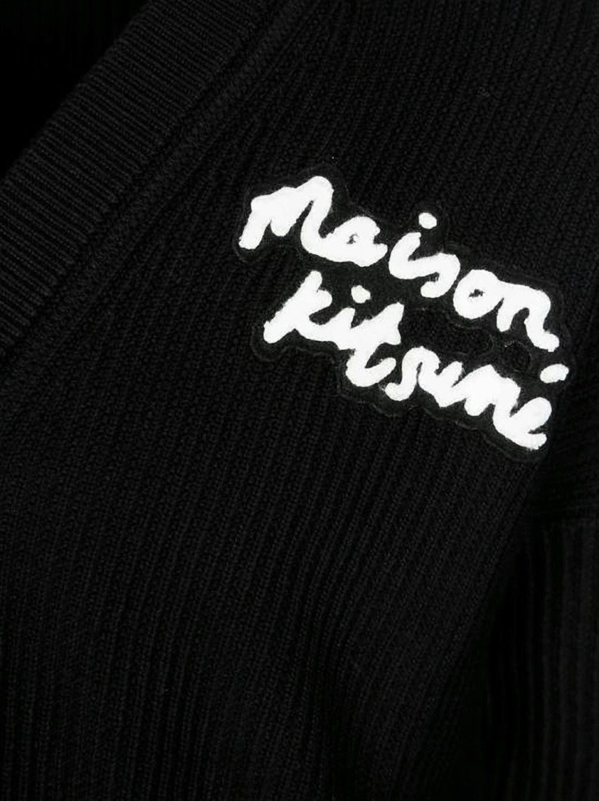 Cropped Black Ribbed Knit Cardigan With V-Neckline And Embroidered Detail