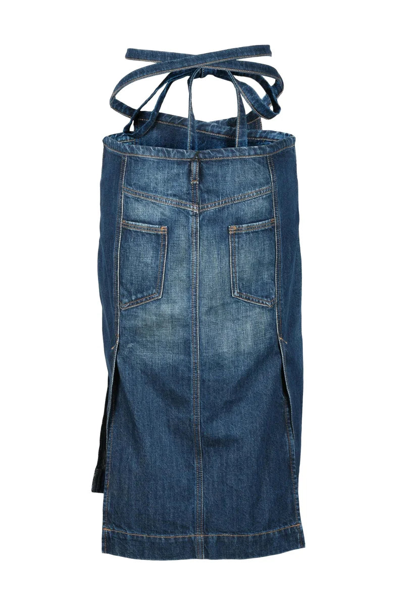 Wrap-Around Blue Denim Midi Skirt