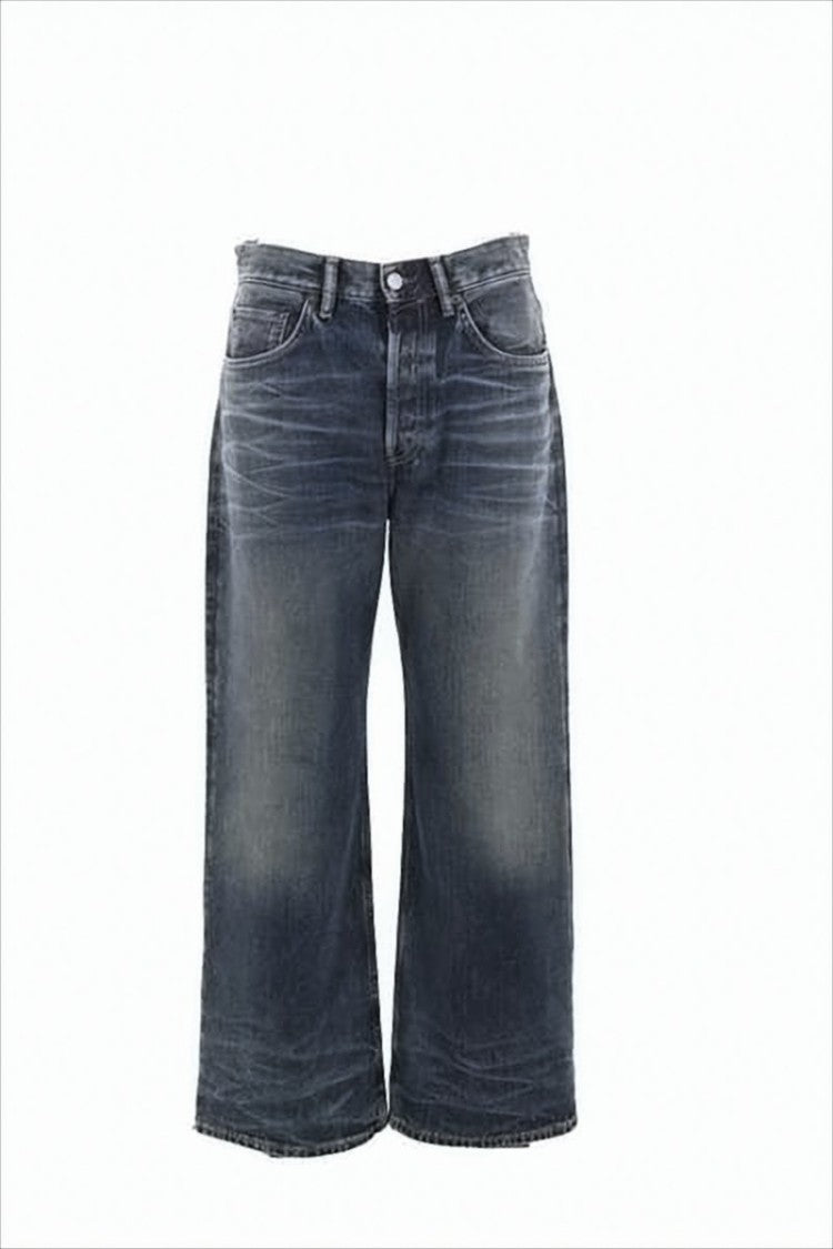 Cropped Wide-Leg Denim Pants With Whiskering Details