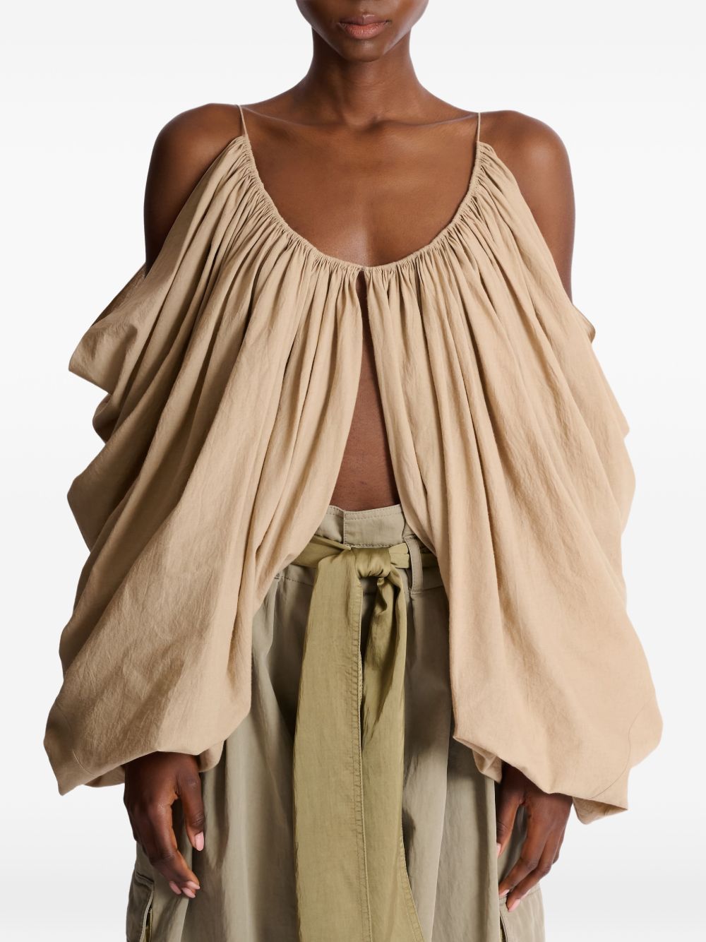 Beige Gathered Cut Out Cotton Top
