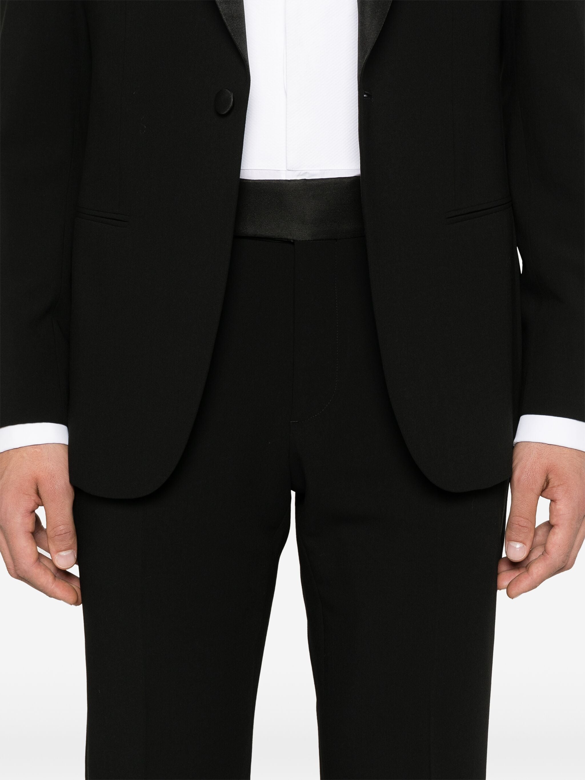 Single-Button Black Satin Peak Lapel Tuxedo