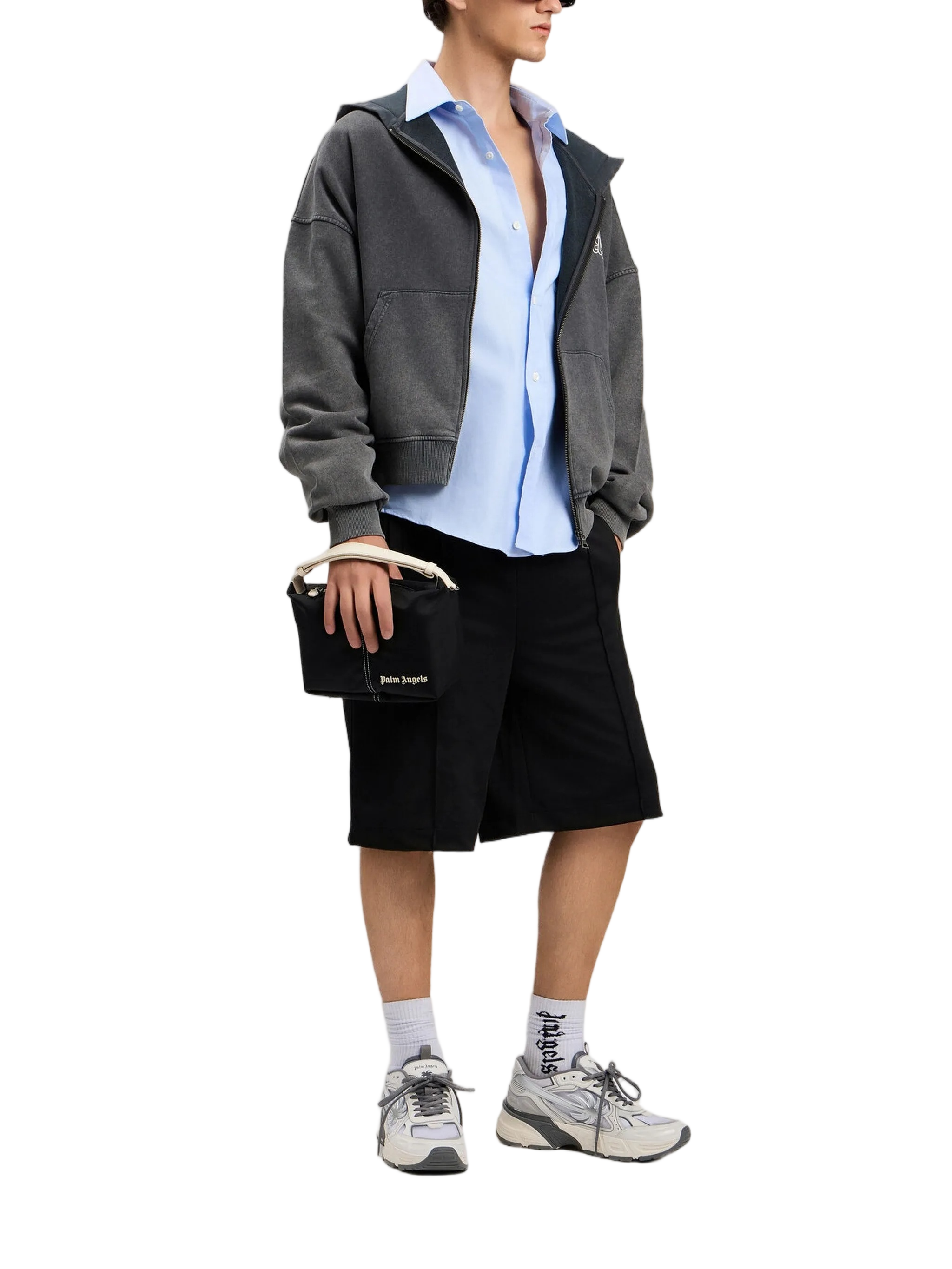 Mid-Length Black Track Shorts With Curved Logo Print