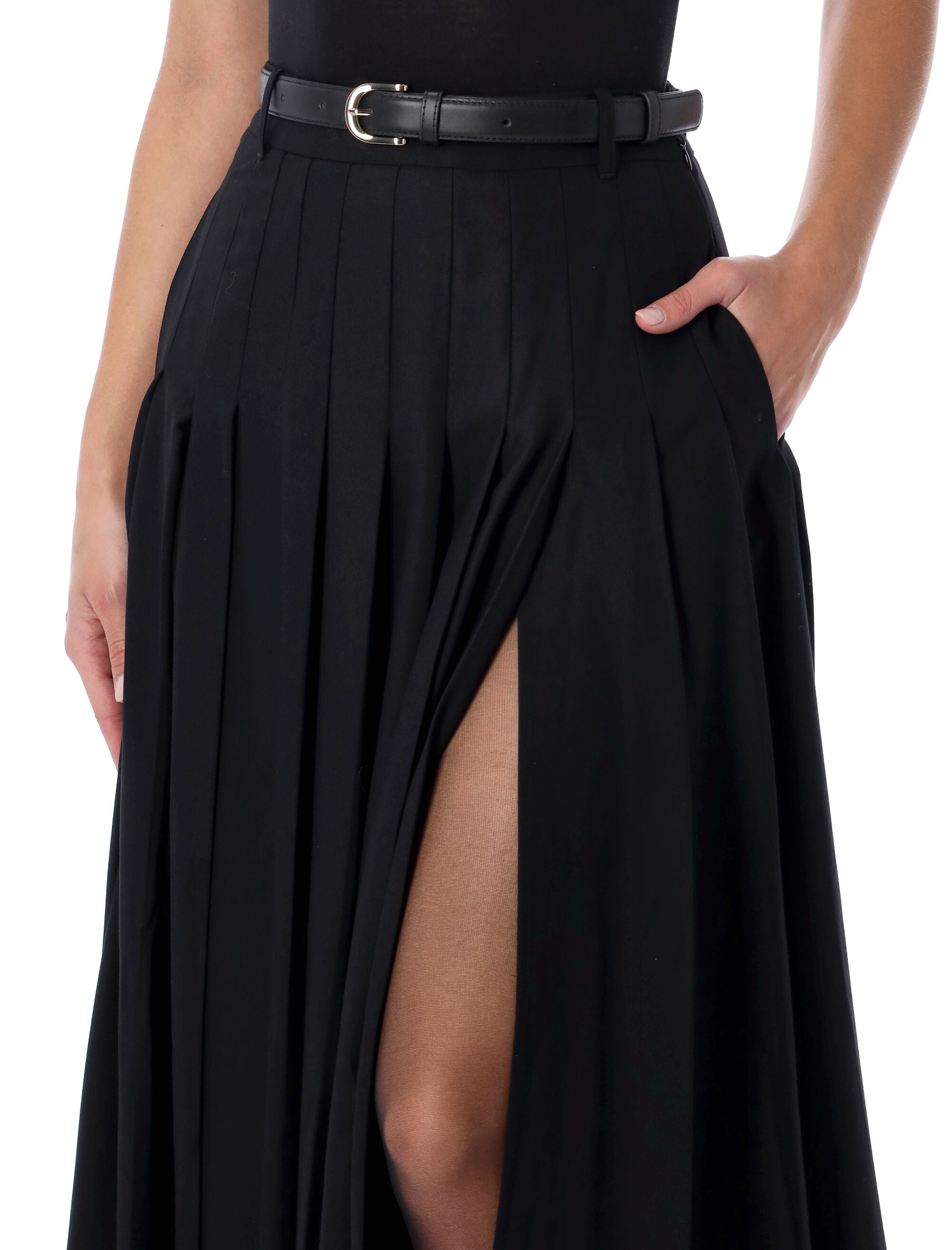 Self-Portrait Black Pleated Twill Maxi Skirt