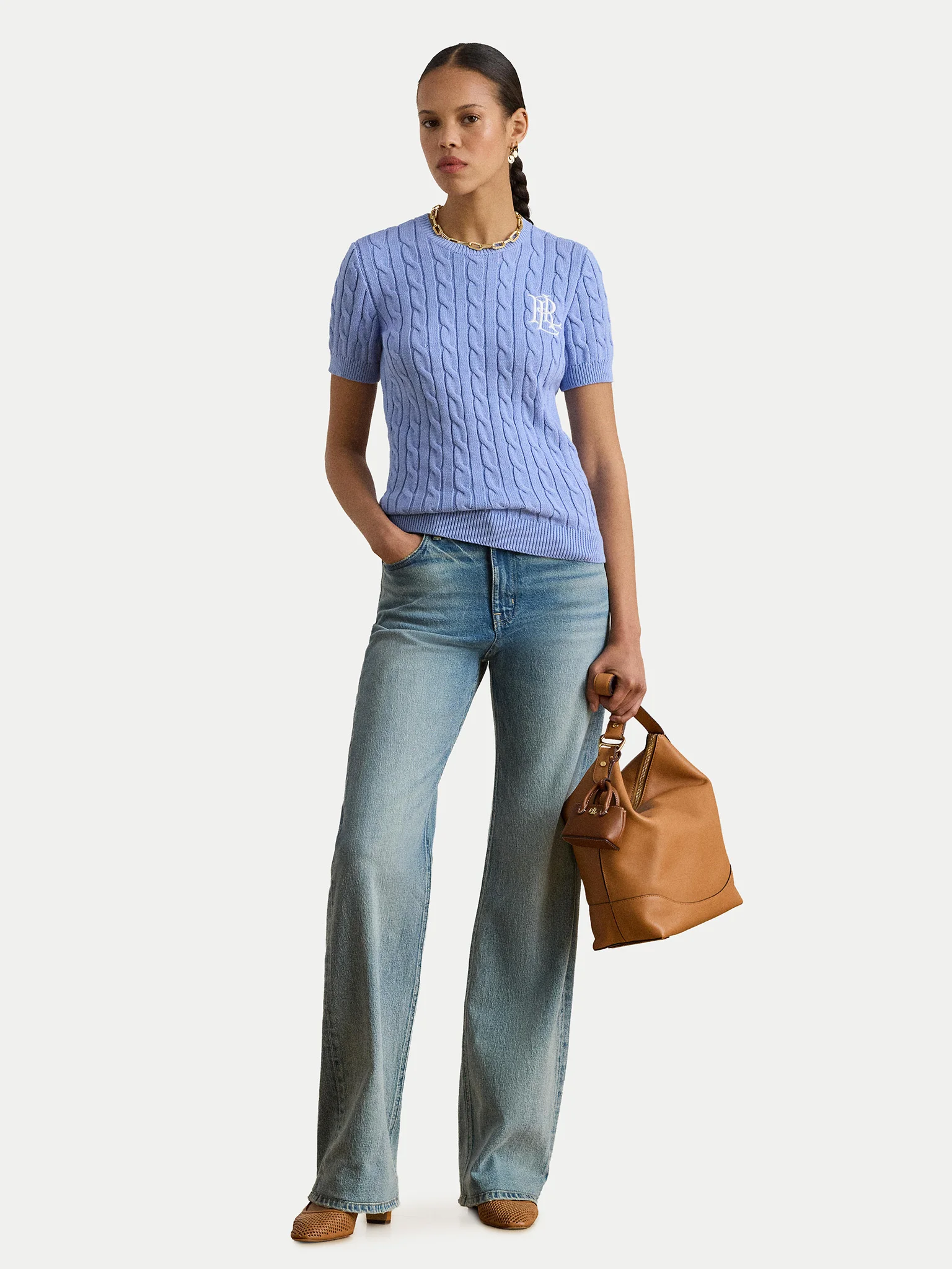 Light Blue Eyelah Linen Pullover Knit Top