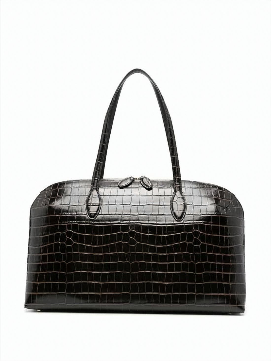 Crocodile-Embossed Black Calf Leather Tote Bag