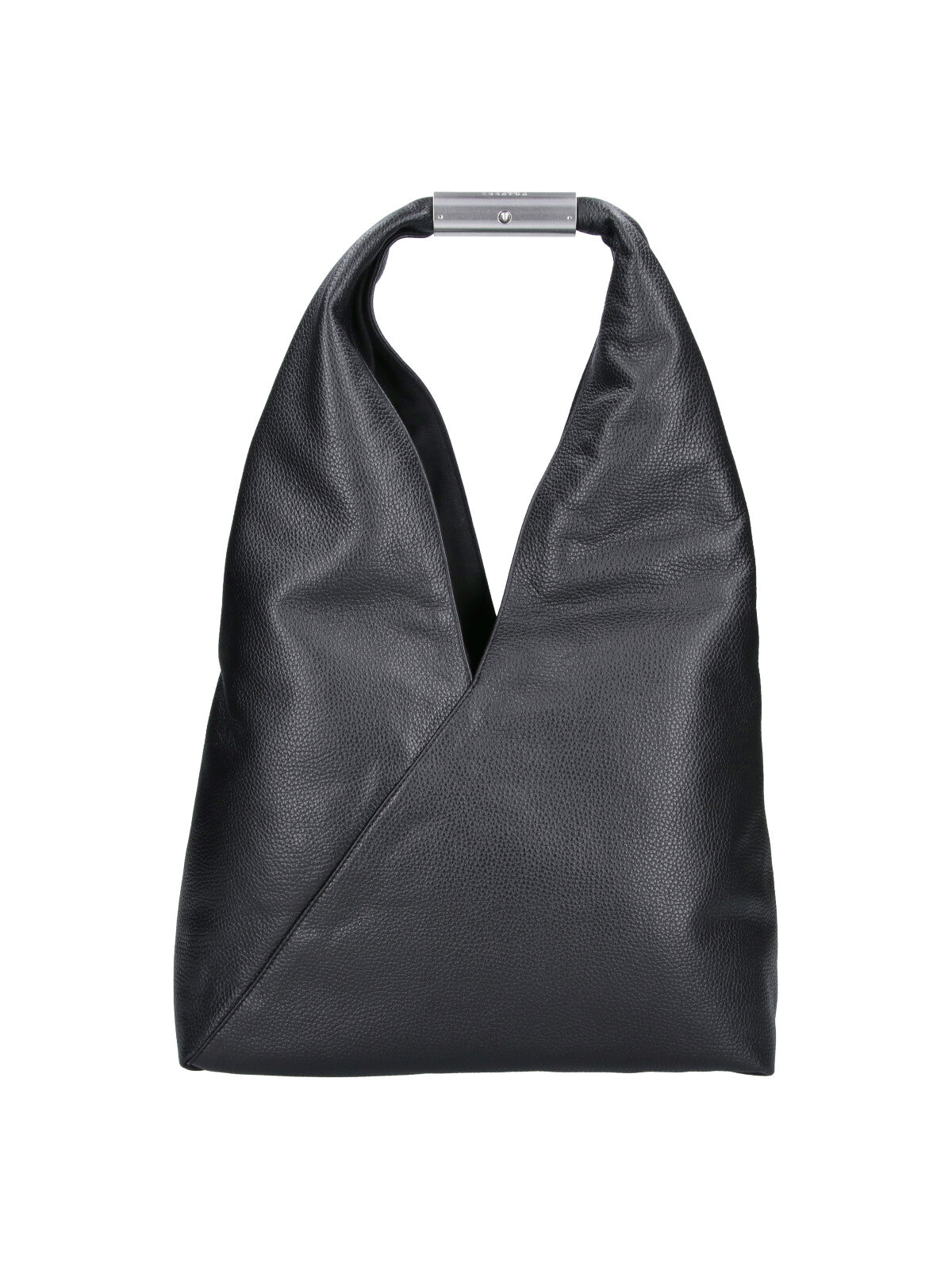 Black Triangular Pebbled Leather Silver Handle Handbag