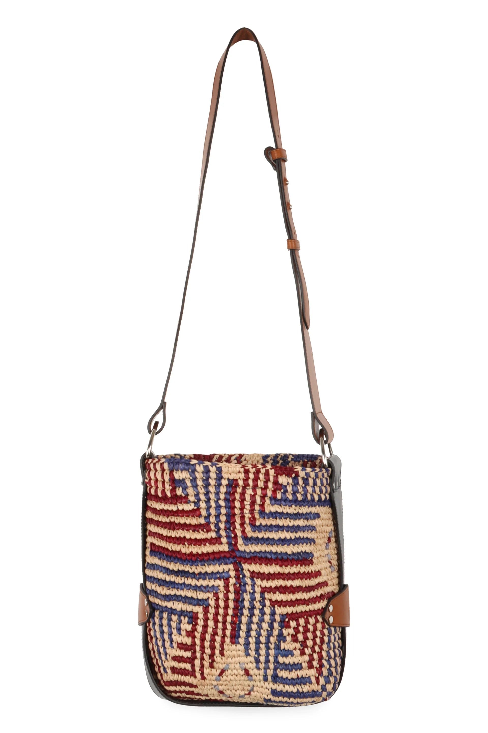Geometric Pattern Raffia Shoulder Bag with Leather Accents
