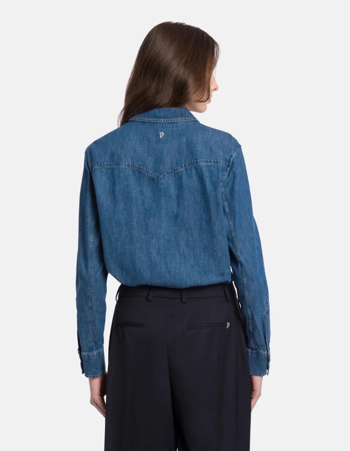 Medium Blue Wash Denim Shirt with Button-Down Front