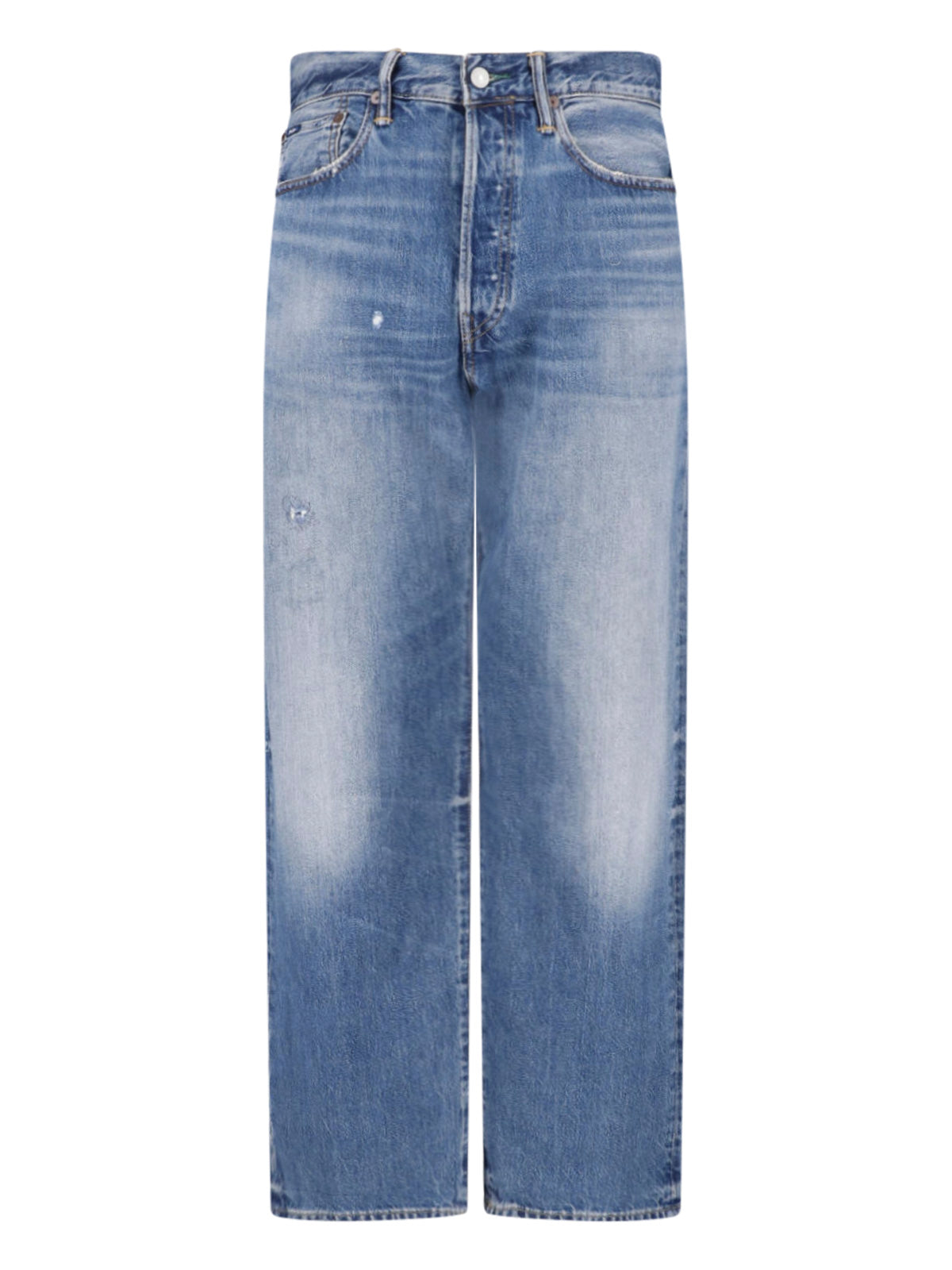 Blue Distressed Straight-Leg Denim Jeans