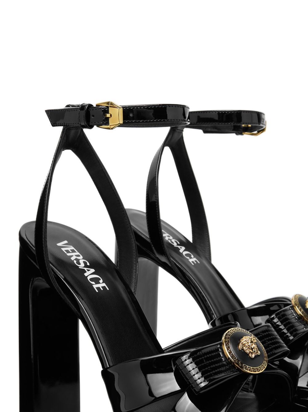 Buckle-Fastening Black Patent Leather Platform Sandals
