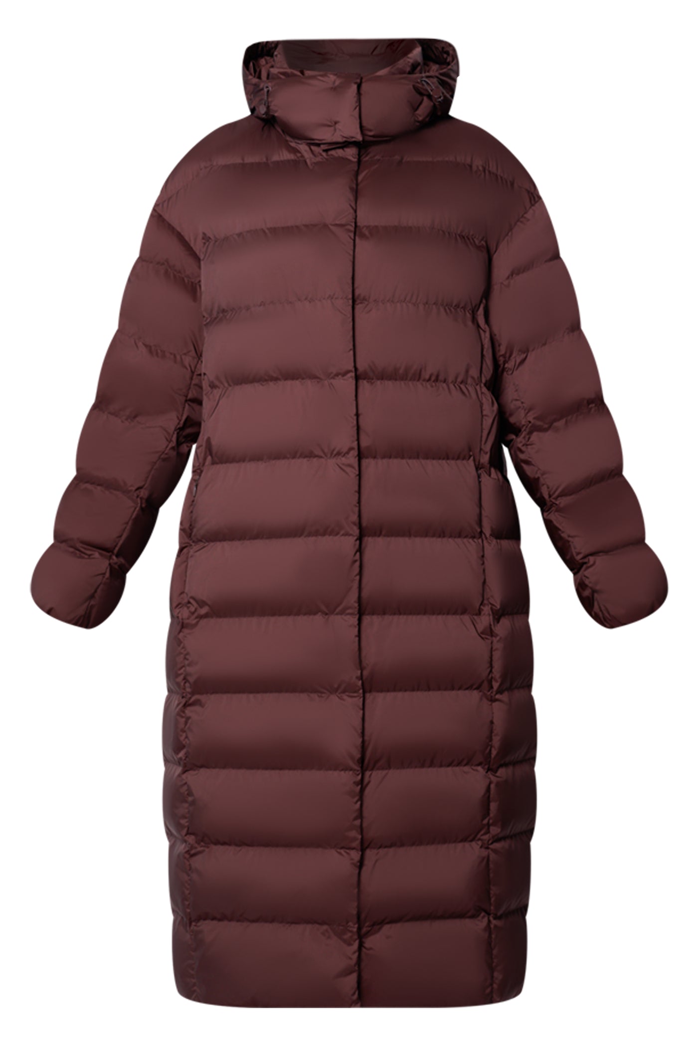 Burgundy Quilted Long Coat With Adjustable Hood