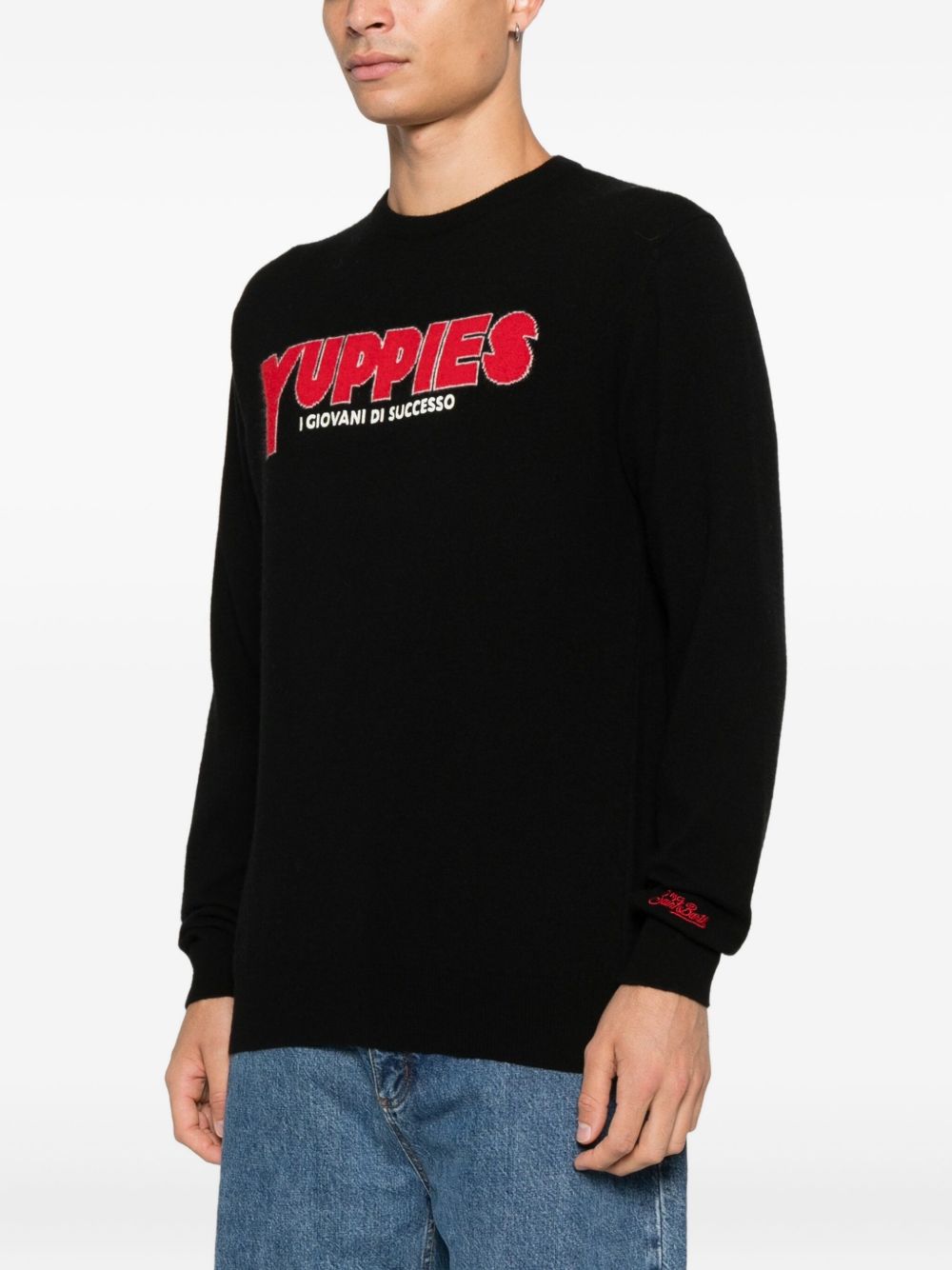 Blue Knit Sweater With Bold Typography