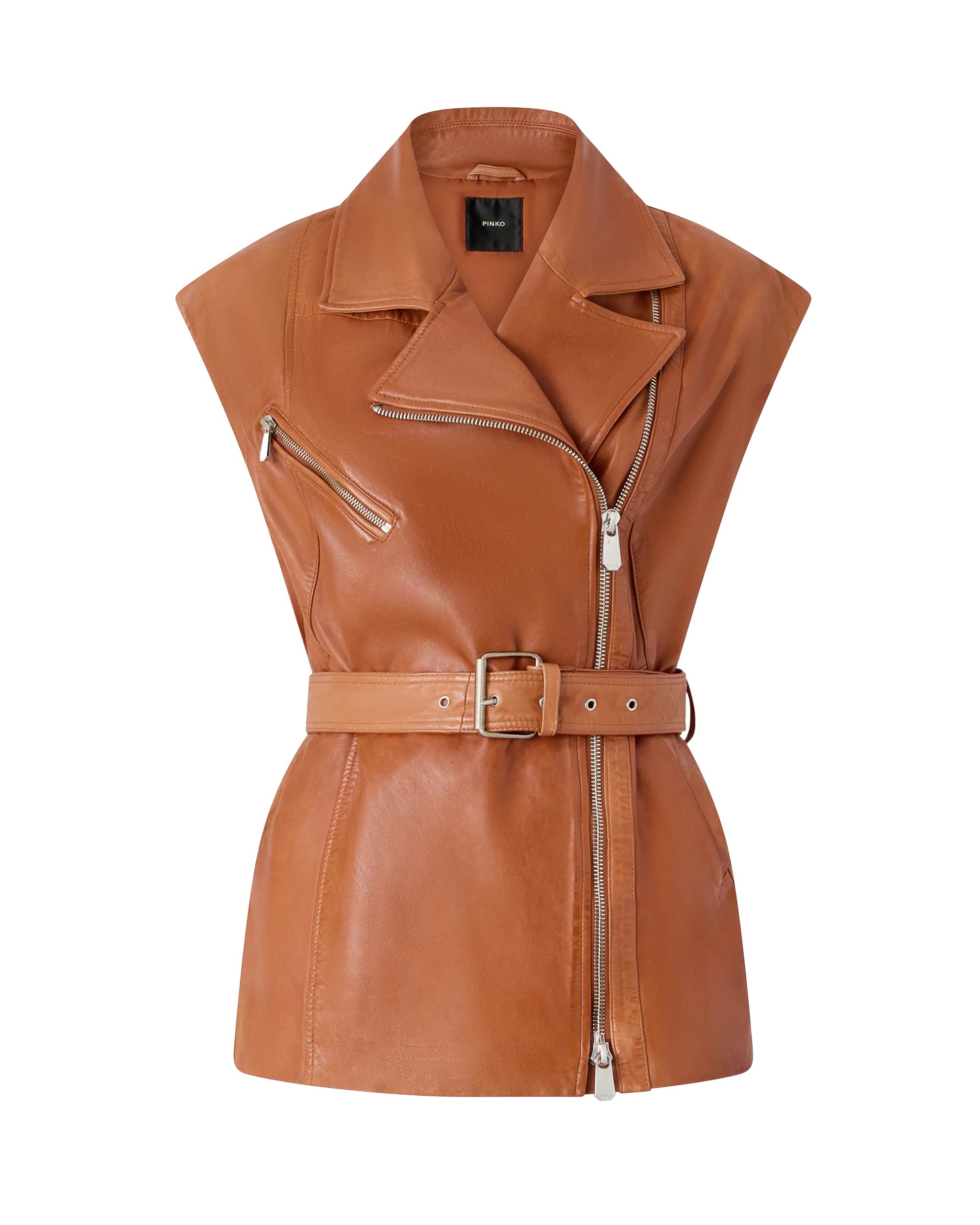 Biker-Style Leather Gilet With Asymmetrical Zip And Matching Belt
