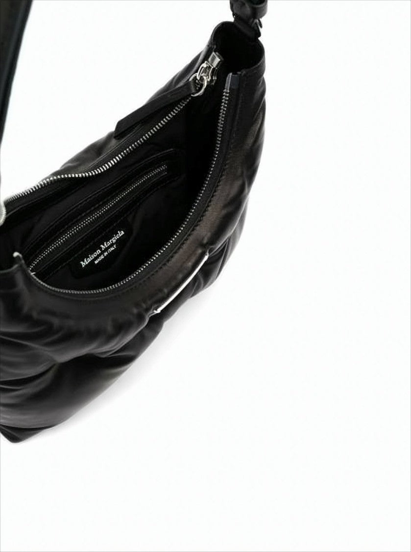 Curved Black Nappa Leather Shoulder Bag With Adjustable Strap